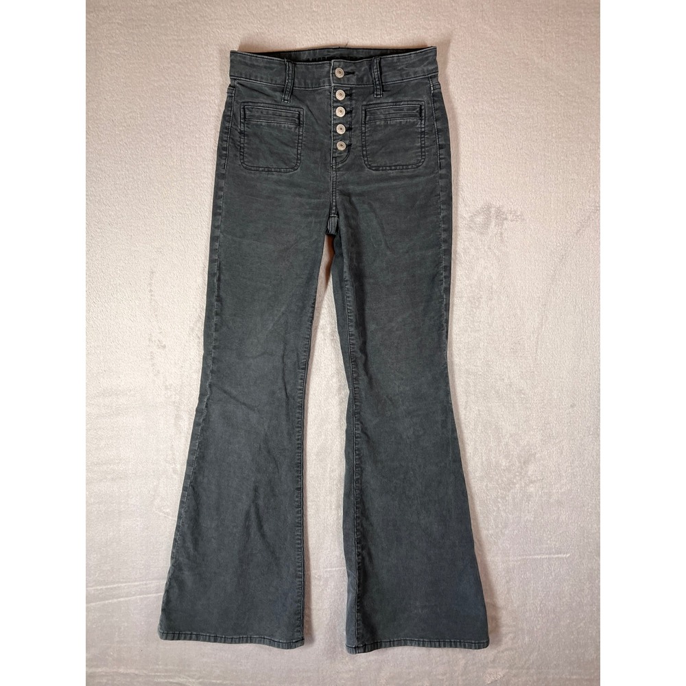 American Eagle Super Hi-Rise Flare Corduroy Pants Gray Button Fly Size 2 Regular